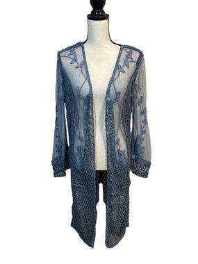 Indigo Thread Co. Slate Blue Mesh and Crochet Boho Duster XS